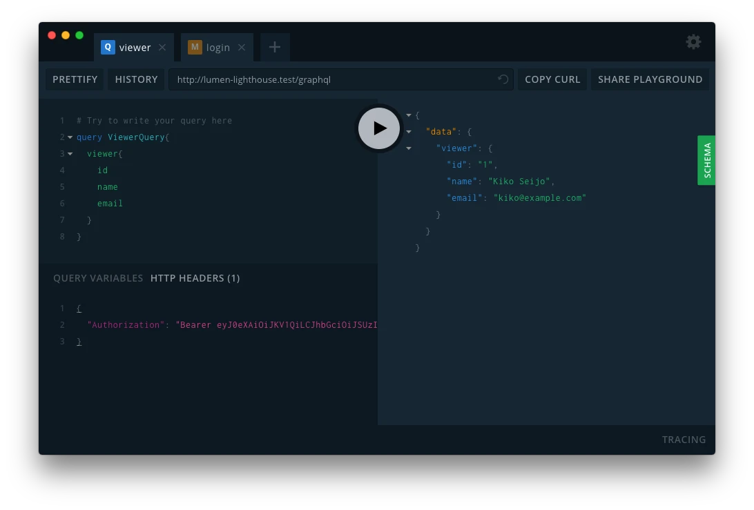 GraphQL viewer Query with a Laravel Passport bearer token using Lighthouse auth middleware GraphQL viewer Query with a Laravel Passport bearer token using Lighthouse auth middleware